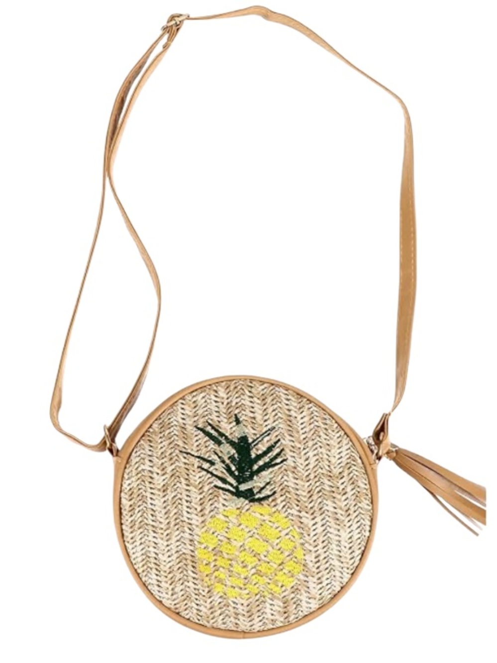 Bohemian Round Straw Crossbody Bag with Pineapple Motif. Tassel accent.